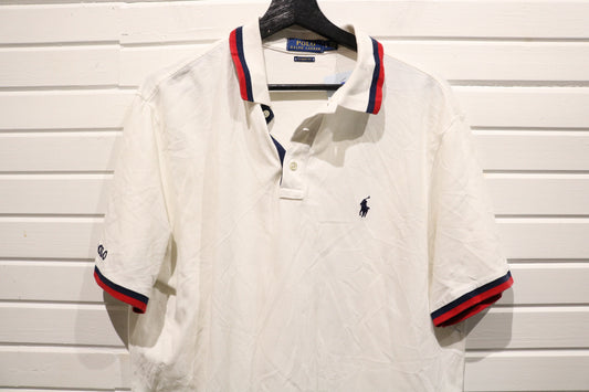 Polo Ralph-Lauren Polo Shirt | Vintage Classic Fit White Polo | Red and Navy Detail Short Sleeve | Casual Preppy Shirt