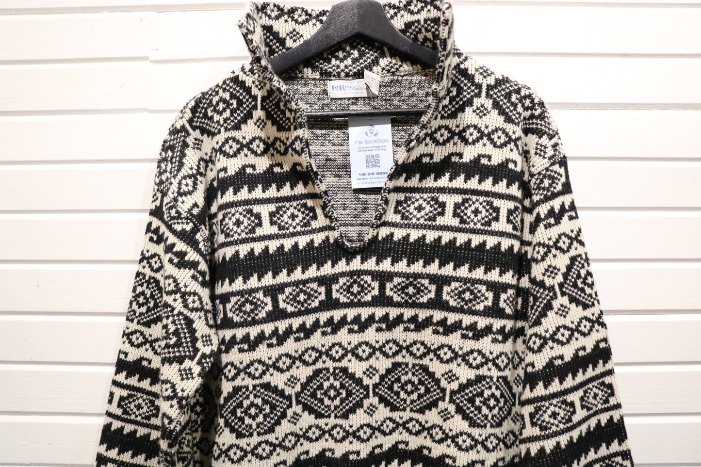 LeRoy-Knitwear Pullover Sweater | Vintage California Aztec Pattern Knit Top | Classic Black and White Knitwear