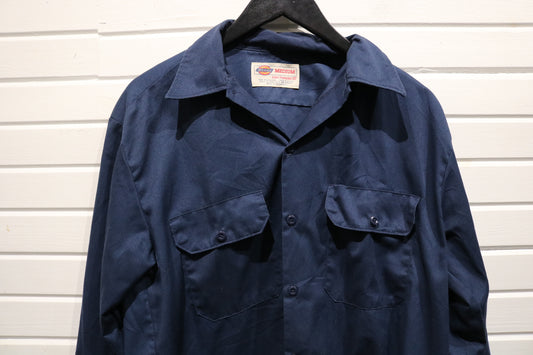 Dickies Work Shirt | Vintage Navy Blue Button-Up Long Sleeve Top | Classic Utility Uniform Style