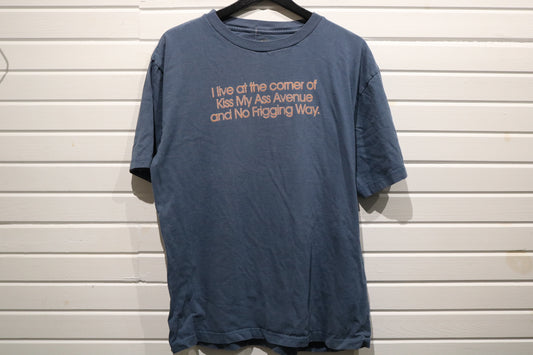 Randy Graphic T-Shirt | Vintage Slogan Statement Tee | Blue Cotton Casual Top