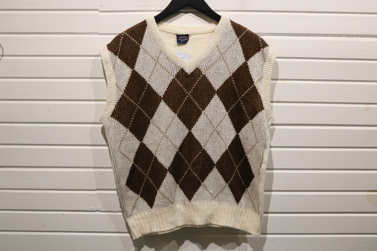 Apollo-Rossi Argyle Knit Sweater Vest | Vintage Brown Diamond Pattern Pullover | Classic Preppy Knitwear