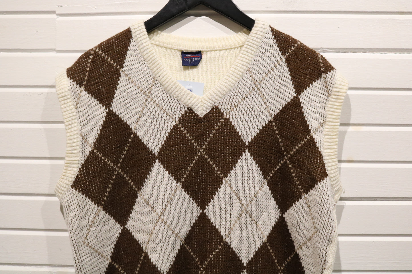 Apollo-Rossi Argyle Knit Sweater Vest | Vintage Brown Diamond Pattern Pullover | Classic Preppy Knitwear