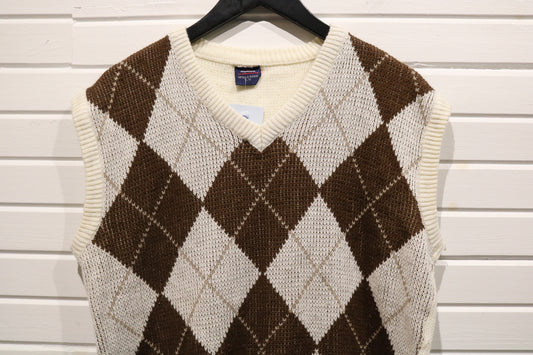 Apollo-Rossi Argyle Knit Sweater Vest | Vintage Brown Diamond Pattern Pullover | Classic Preppy Knitwear
