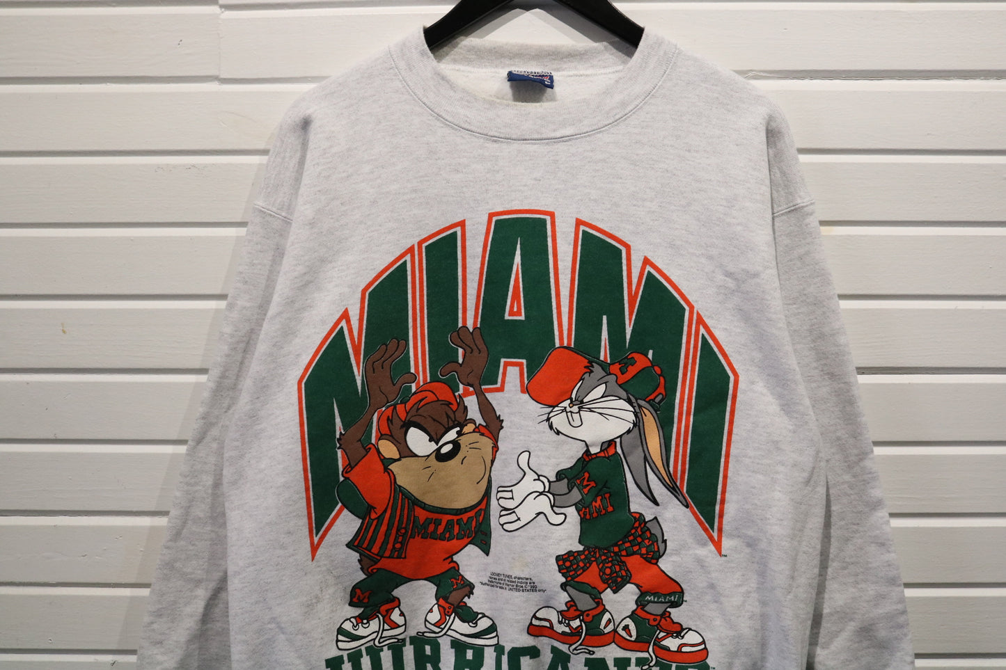 Looney-Tunes Miami-Hurricanes Sweater | Vintage 1993 Cartoon College Crewneck | Bugs-Bunny Taz Graphic Pullover