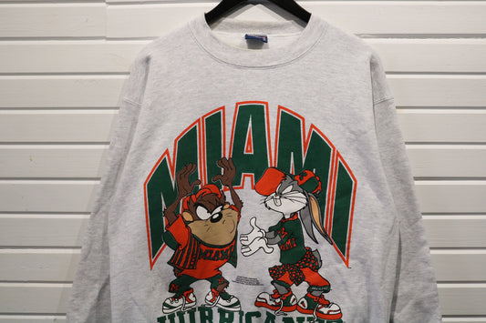 Looney-Tunes Miami-Hurricanes Sweater | Vintage 1993 Cartoon College Crewneck | Bugs-Bunny Taz Graphic Pullover