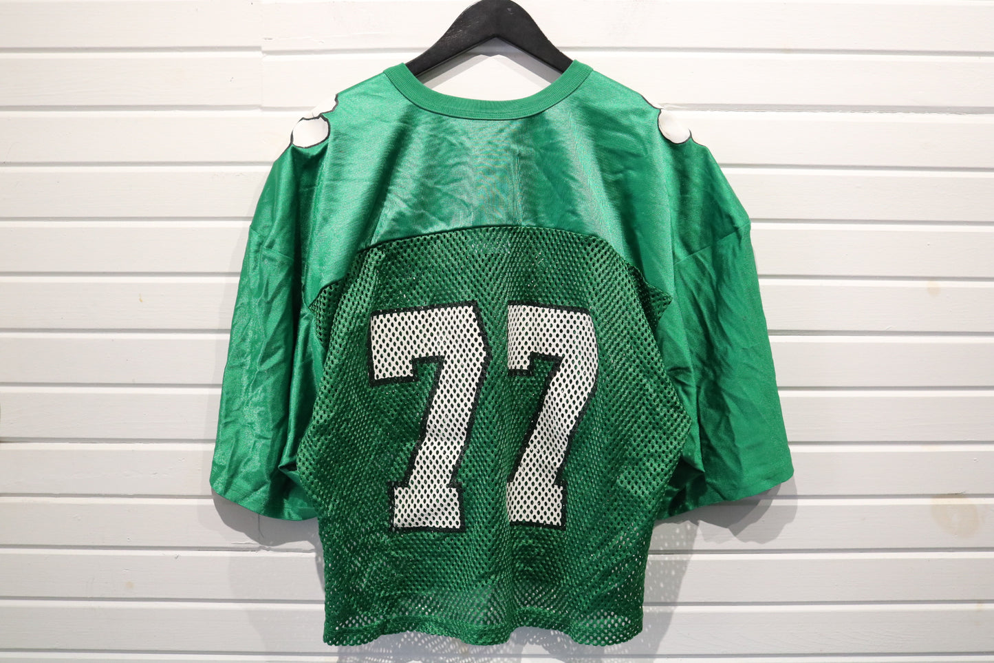 Dee-Simon-Athletic Mesh Football Jersey | Vintage 1980s Number 77 Green Sports Jersey | Classic Padded Shoulder Top