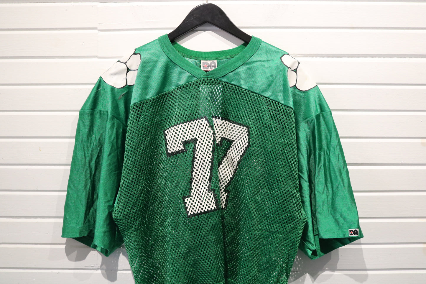 Dee-Simon-Athletic Mesh Football Jersey | Vintage 1980s Number 77 Green Sports Jersey | Classic Padded Shoulder Top