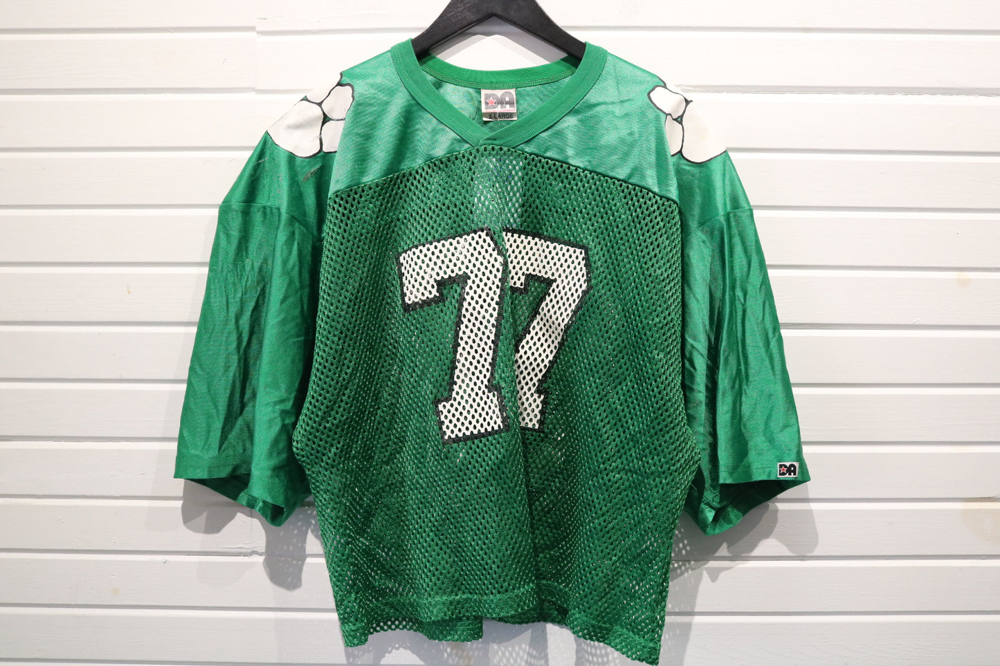 Dee-Simon-Athletic Mesh Football Jersey | Vintage 1980s Number 77 Green Sports Jersey | Classic Padded Shoulder Top
