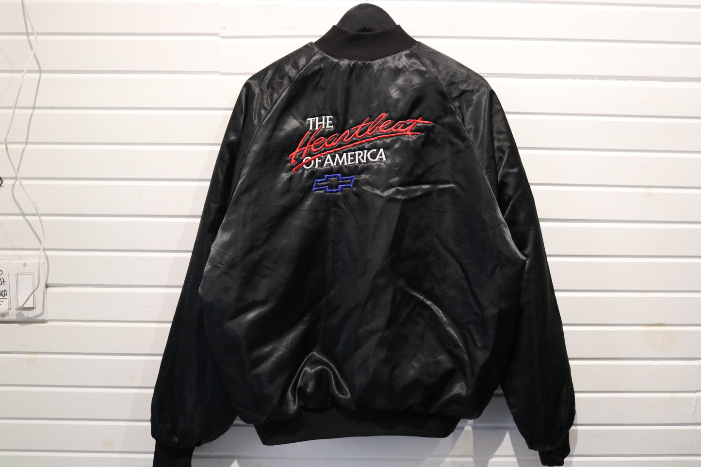 Chevrolet Heartbeat of America Jacket | Vintage 90s Black Satin Bomber | Retro Car Racing Outerwear