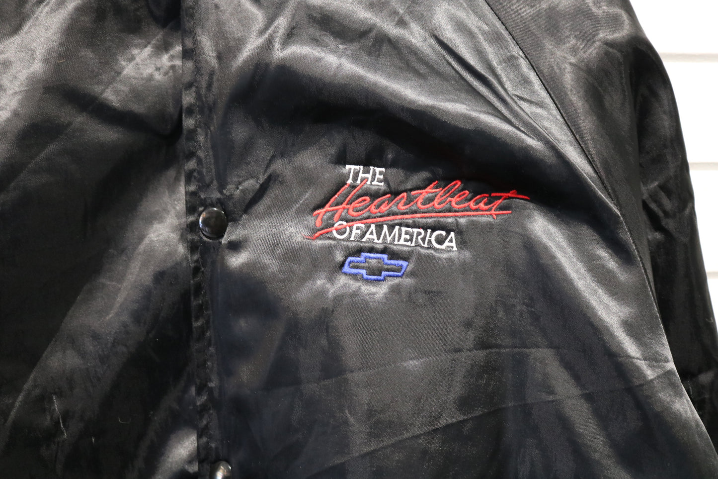 Chevrolet Heartbeat of America Jacket | Vintage 90s Black Satin Bomber | Retro Car Racing Outerwear