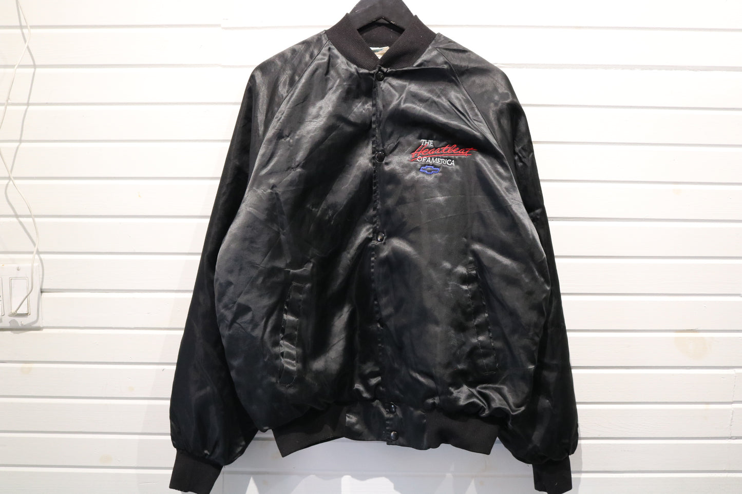 Chevrolet Heartbeat of America Jacket | Vintage 90s Black Satin Bomber | Retro Car Racing Outerwear