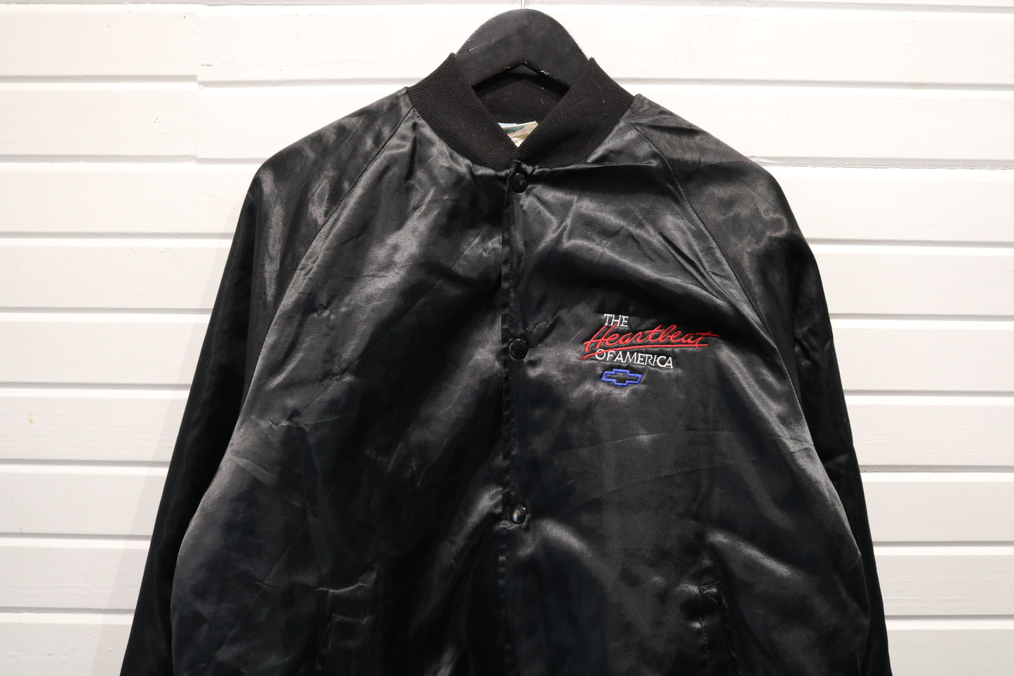 Chevrolet Heartbeat of America Jacket | Vintage 90s Black Satin Bomber | Retro Car Racing Outerwear
