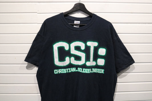 CSI Christian Soldier Inside T-Shirt | Vintage Graphic Religious Tee | Navy Blue Short Sleeve Shirt