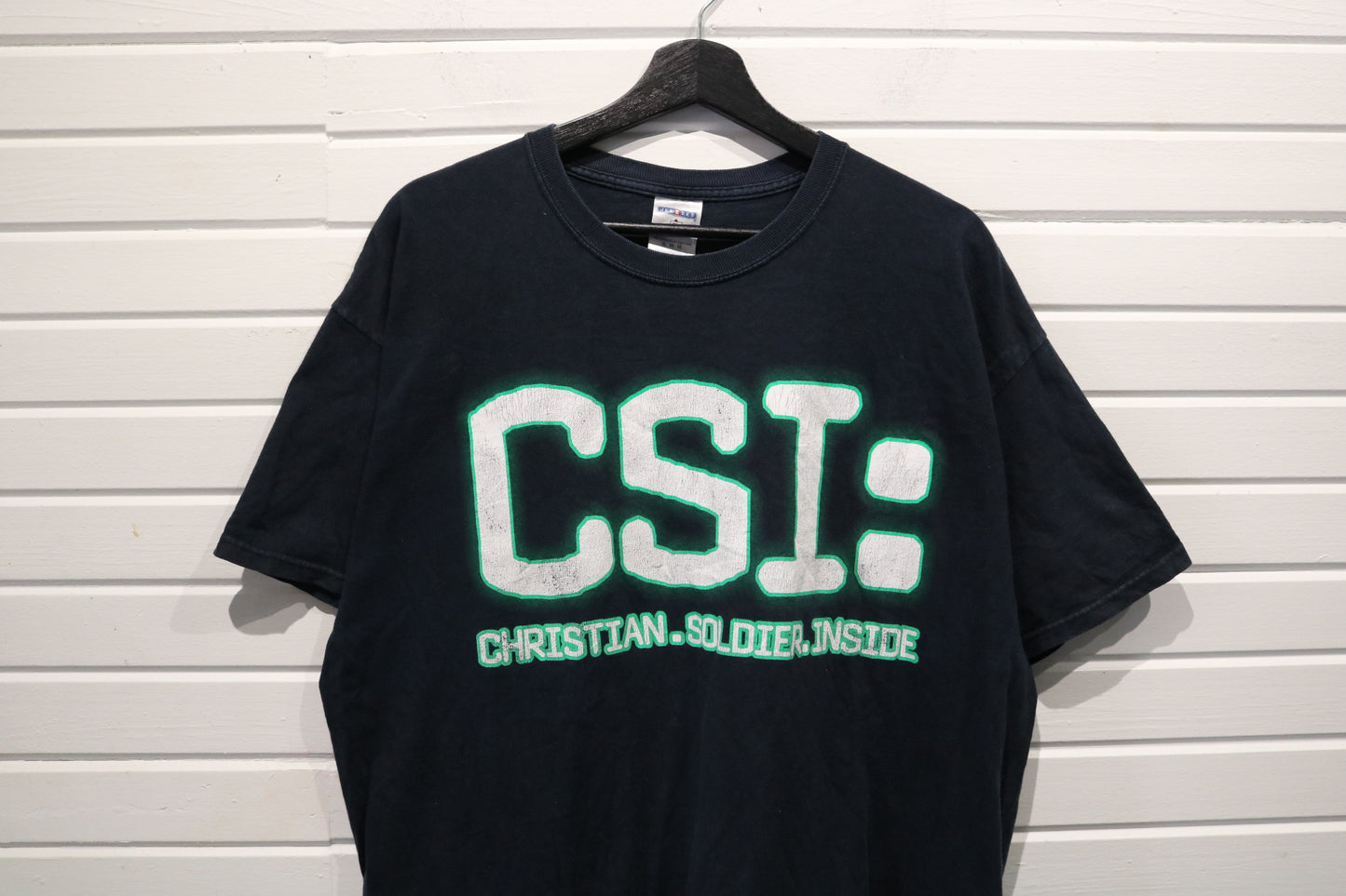 CSI Christian Soldier Inside T-Shirt | Vintage Graphic Religious Tee | Navy Blue Short Sleeve Shirt