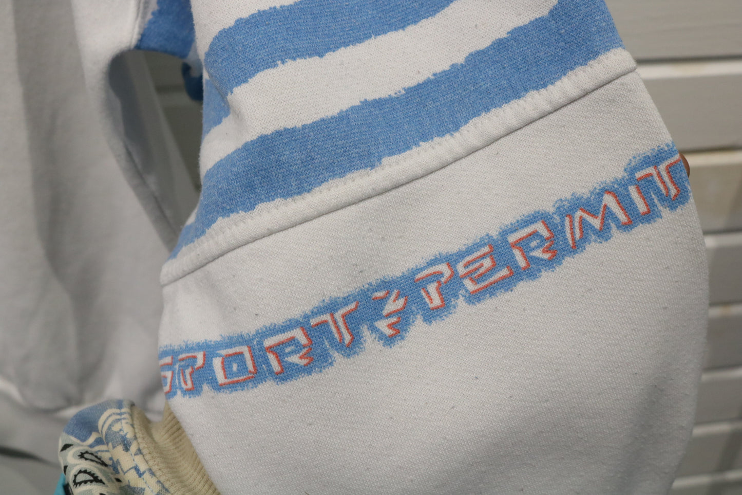 Permit Sport Stripe Sweatshirt | Vintage 90s Blue-White Graphic Pullover | Unisex Casual Top