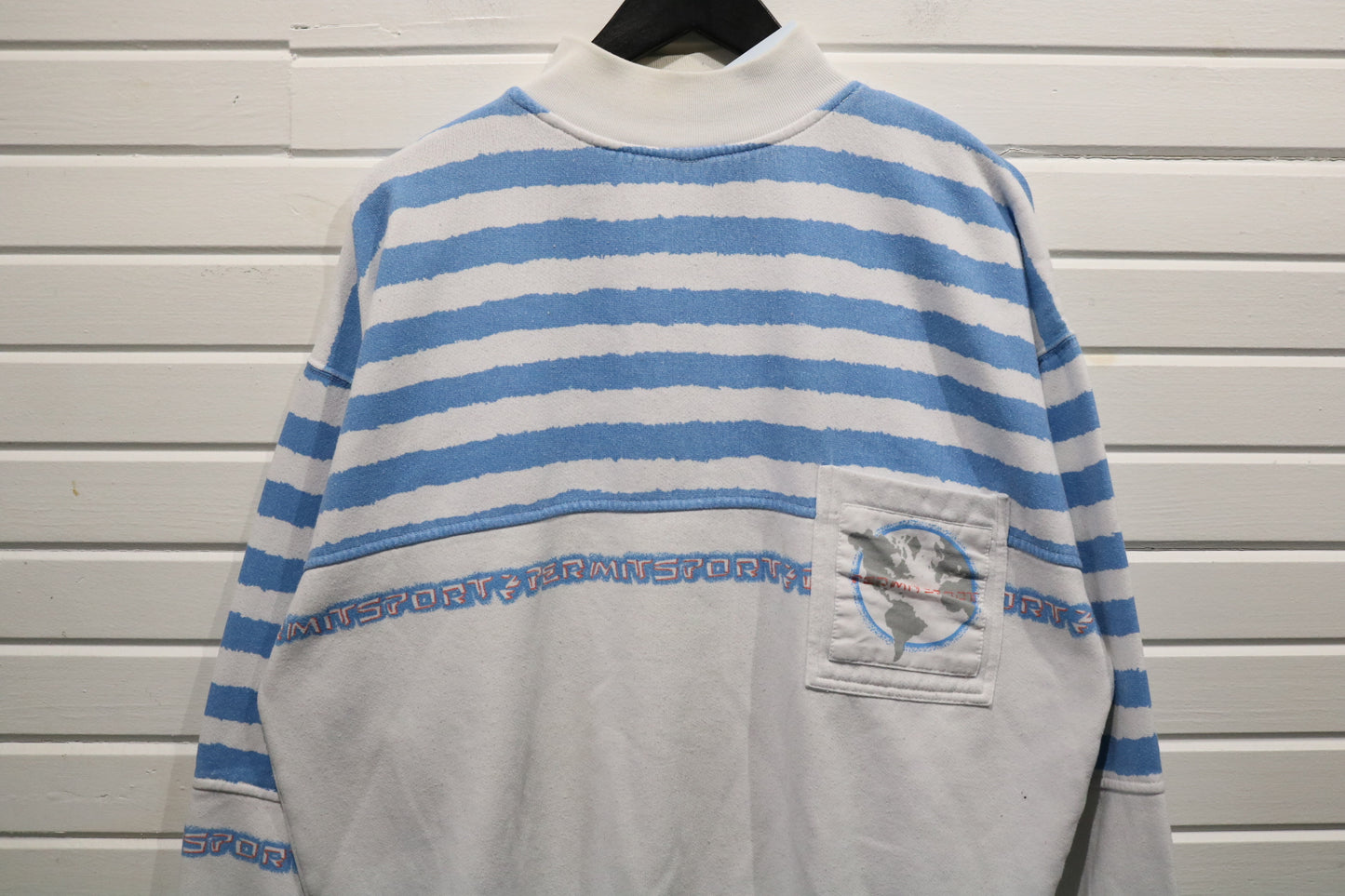 Permit Sport Stripe Sweatshirt | Vintage 90s Blue-White Graphic Pullover | Unisex Casual Top