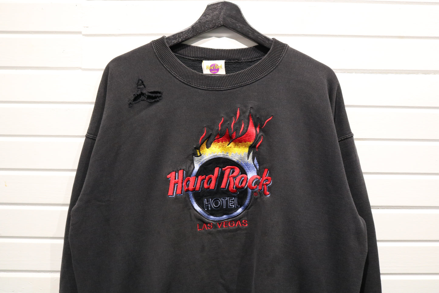 Hard-Rock-Hotel Las Vegas Sweater | Vintage Flame Embroidered Crewneck Sweatshirt | Distressed Detail Music Collectible