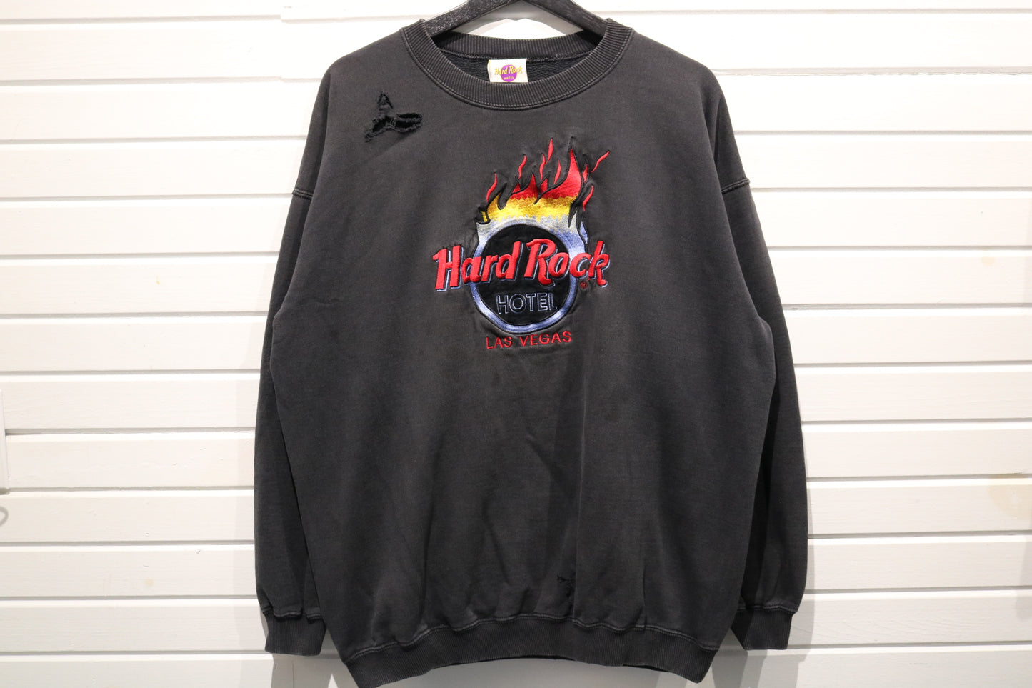 Hard-Rock-Hotel Las Vegas Sweater | Vintage Flame Embroidered Crewneck Sweatshirt | Distressed Detail Music Collectible