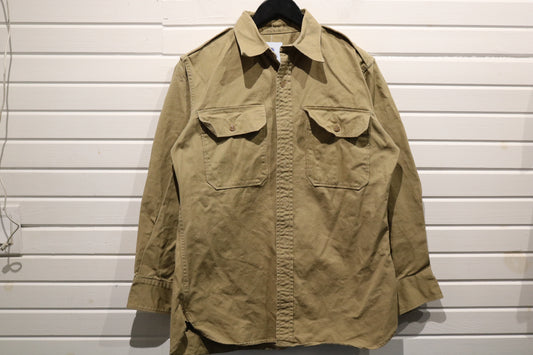 Khaki Military Shirt | Vintage 1965 Army Twill Button-Up Utility Shirt | Structured Epaulet Top