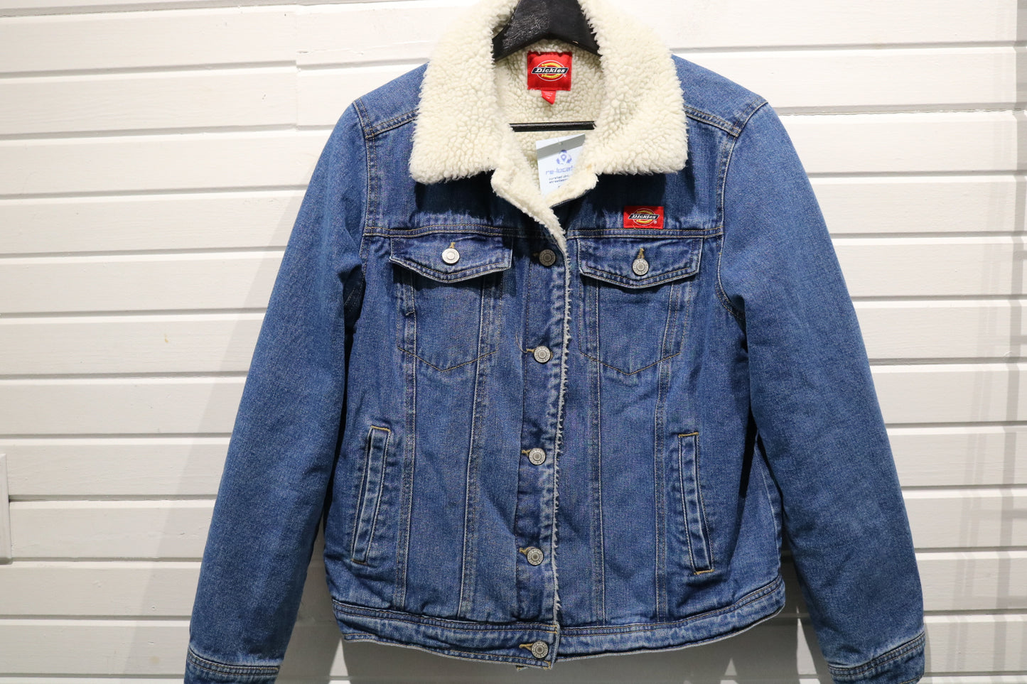 Dickies Denim Sherpa Jacket | Vintage 2000s Faux Shearling Collar Jean Coat | Classic Workwear Outerwear