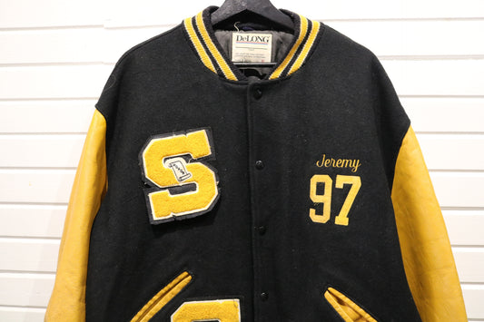 DeLONG Sidney Varsity Jacket | Vintage 90s Black-Yellow Letterman Coat | Classic High School Outerwear