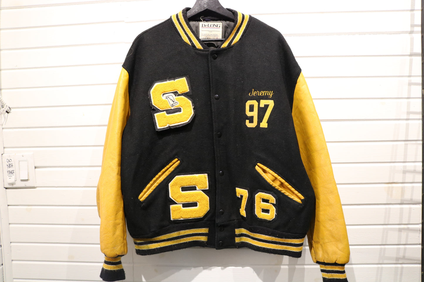 DeLONG Sidney Varsity Jacket | Vintage 90s Black-Yellow Letterman Coat | Classic High School Outerwear