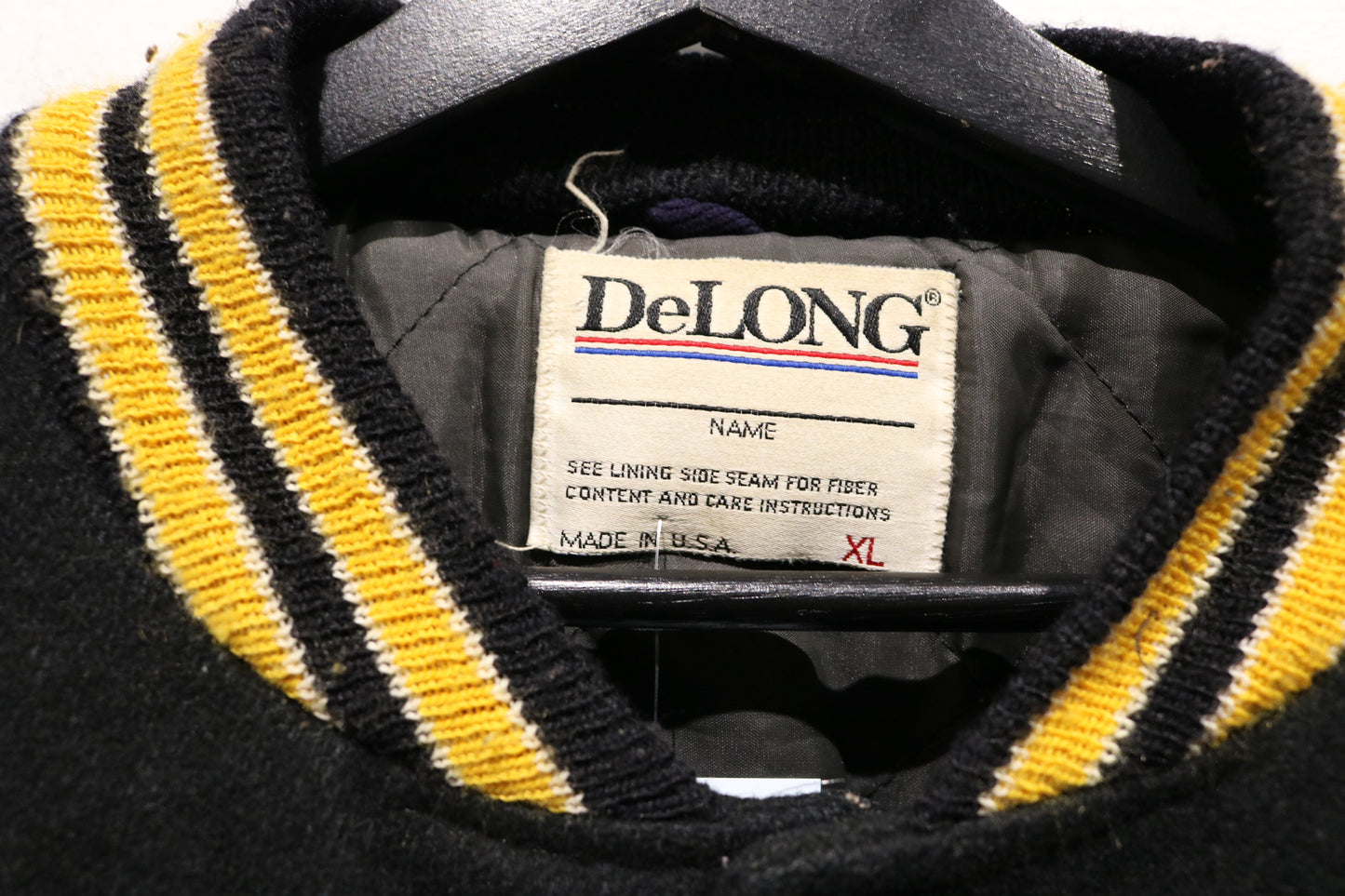 DeLONG Sidney Varsity Jacket | Vintage 90s Black-Yellow Letterman Coat | Classic High School Outerwear