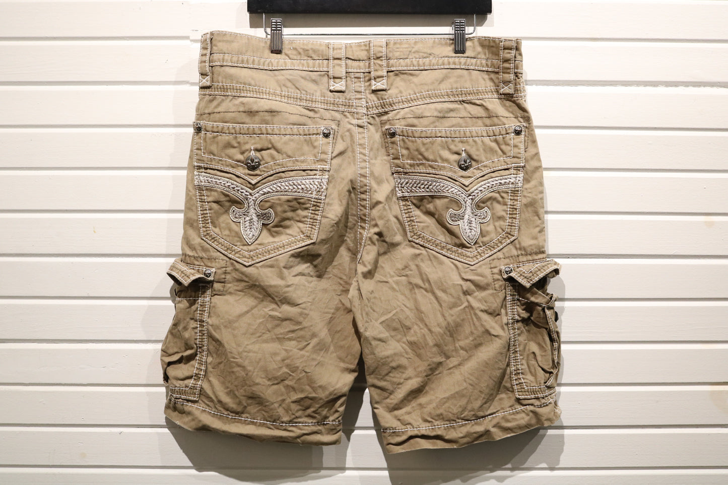 Rock Revival Shorts | Vintage Detailed Cargo Shorts with Embroidered Pockets | Fleur De Lis Streetwear Bottoms