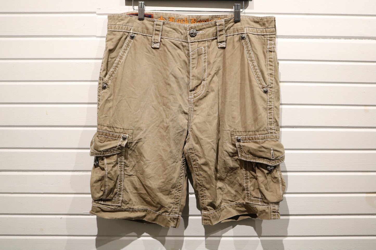 Rock Revival Shorts | Vintage Detailed Cargo Shorts with Embroidered Pockets | Fleur De Lis Streetwear Bottoms