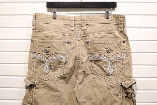 Rock Revival Shorts | Vintage Detailed Cargo Shorts with Embroidered Pockets | Fleur De Lis Streetwear Bottoms