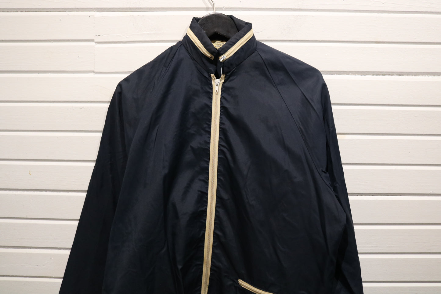 Hollywood Design Zip-Up Jacket | Vintage 1970s Navy Nylon Windbreaker | Contrast Trim Outerwear