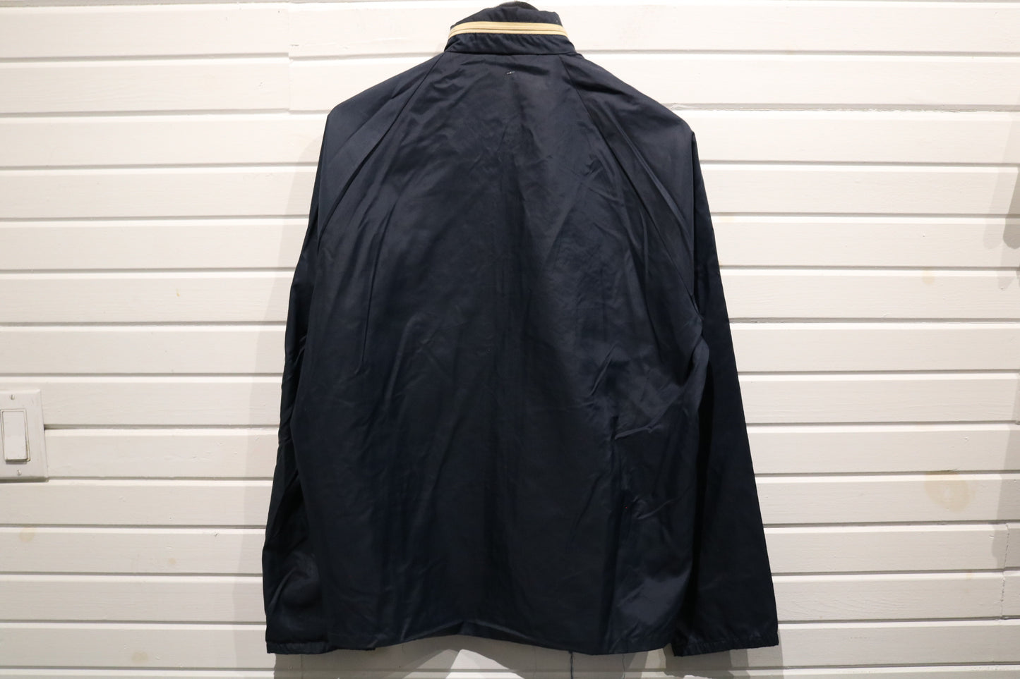 Hollywood Design Zip-Up Jacket | Vintage 1970s Navy Nylon Windbreaker | Contrast Trim Outerwear
