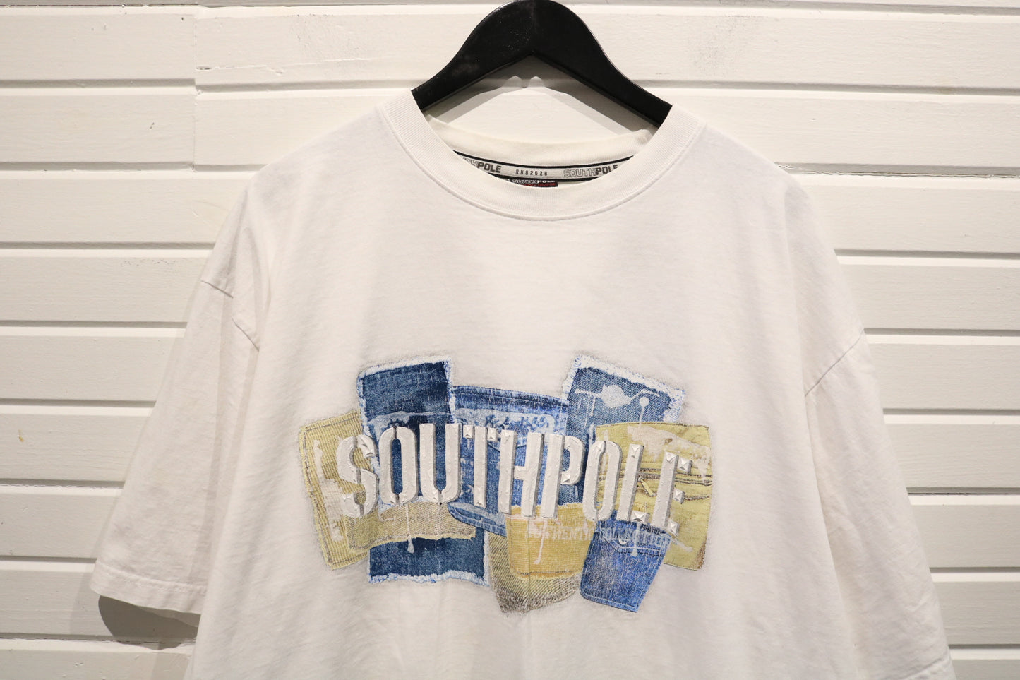 Southpole T-Shirt | Vintage 2000s Patchwork Denim Graphic Tee | Relaxed Fit Streetwear Top