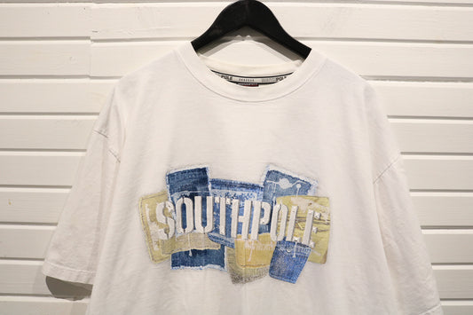 Southpole T-Shirt | Vintage 2000s Patchwork Denim Graphic Tee | Relaxed Fit Streetwear Top