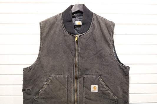 Carhartt Work Vest | Vintage 1990s Black Canvas Zip-Up Utility Vest | Classic Outdoor Workwear