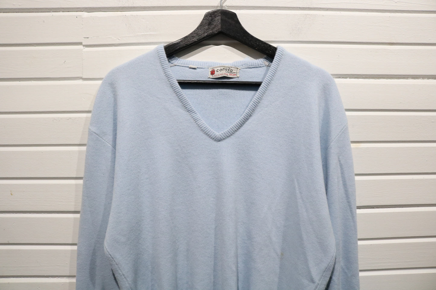 Concelo-Kreation Pullover | Vintage 1970s Light Blue V-Neck Sweater | Classic Knit Long Sleeve Top