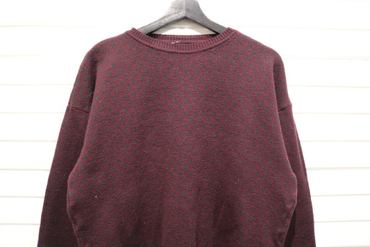 Vintage Burgundy Patterned Sweater | 90s Relaxed Fit Knit Pullover | Classic Crewneck Winterwear