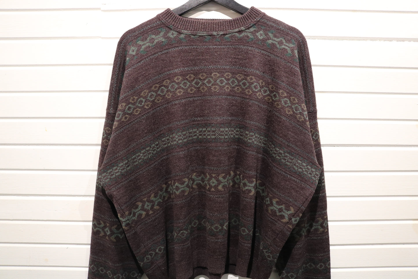 Vintage Patterned Knit Sweater | 1990s Abstract Jacquard Pullover | Brown Green Cozy Knitwear