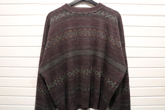 Vintage Patterned Knit Sweater | 1990s Abstract Jacquard Pullover | Brown Green Cozy Knitwear