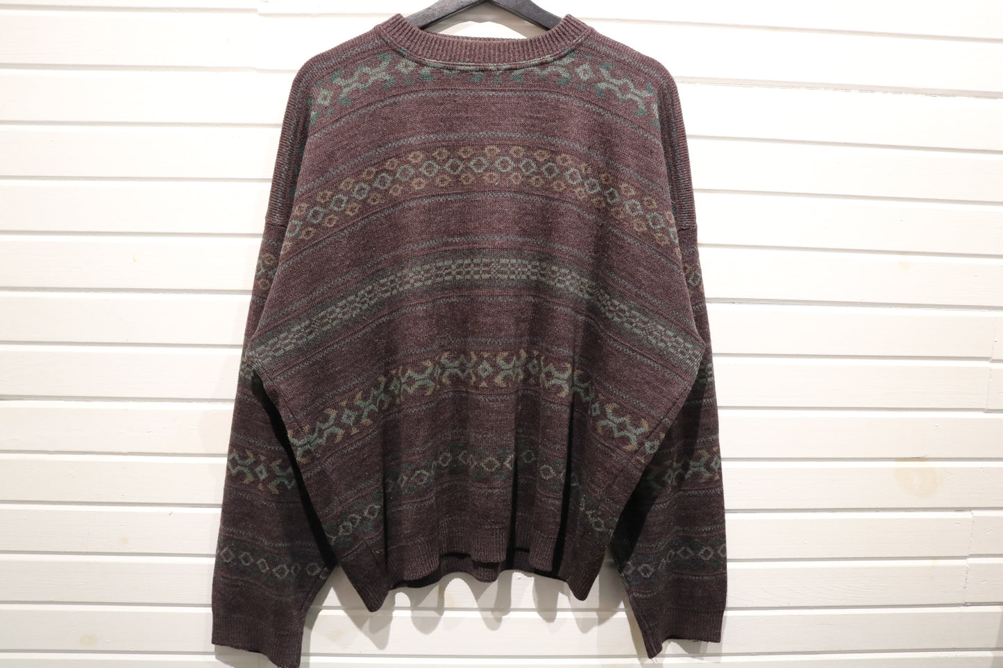 Vintage Patterned Knit Sweater | 1990s Abstract Jacquard Pullover | Brown Green Cozy Knitwear