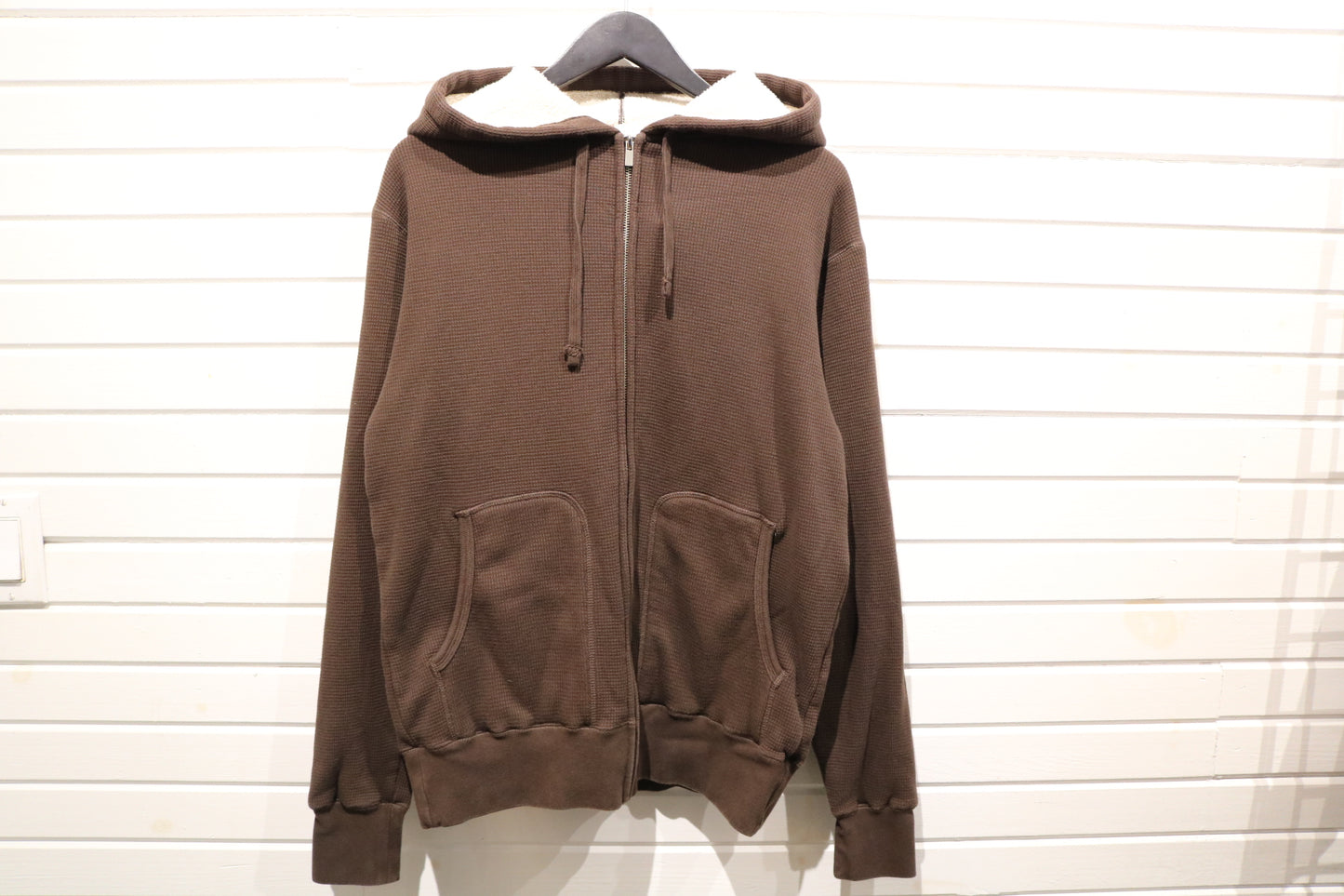 Shady-Ltd Sherpa Lined Hoodie | Vintage Waffle Knit Zip-Up Brown Sweatshirt | Cozy Fleece Hooded Jacket
