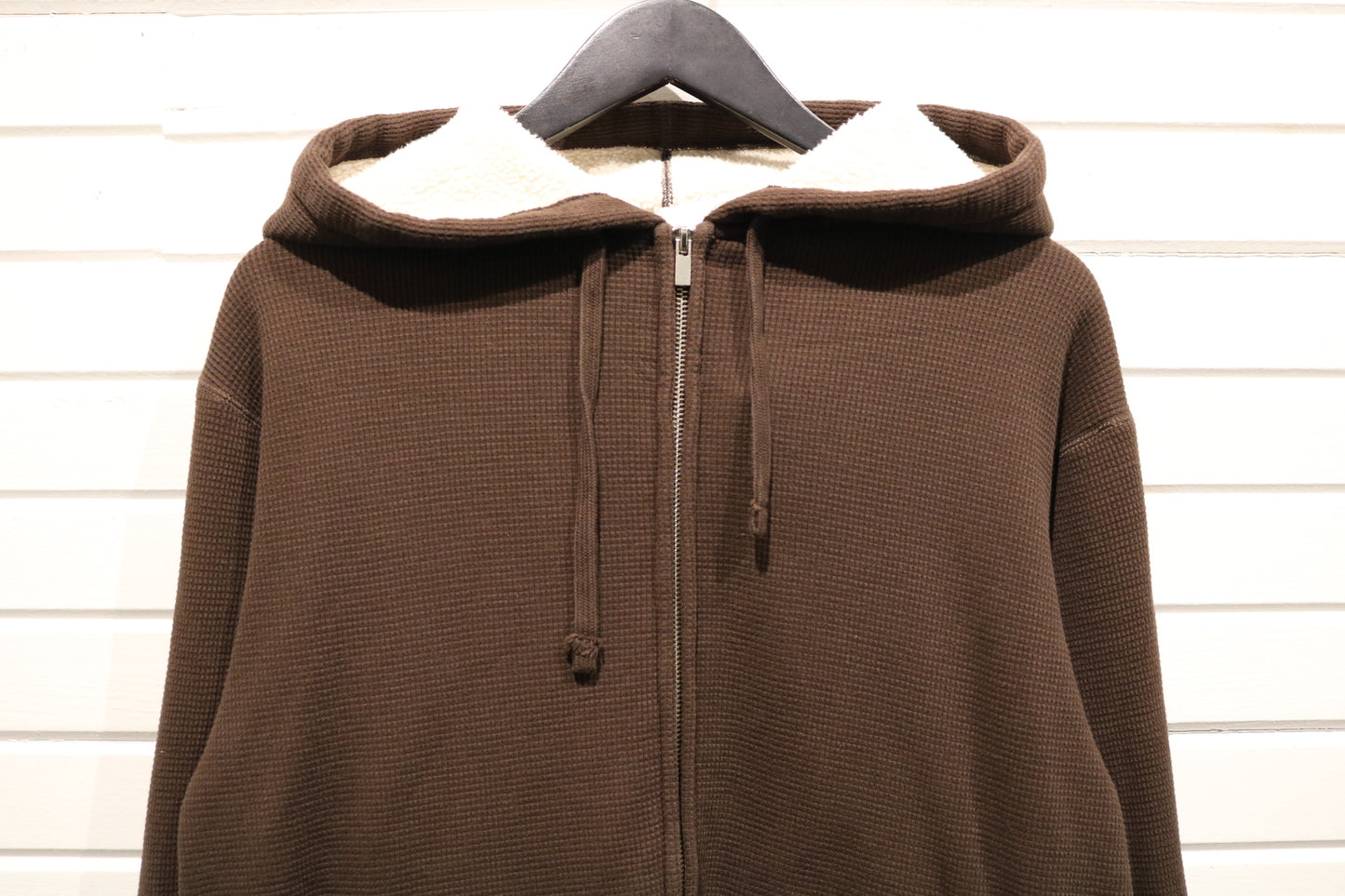 Shady-Ltd Sherpa Lined Hoodie | Vintage Waffle Knit Zip-Up Brown Sweatshirt | Cozy Fleece Hooded Jacket
