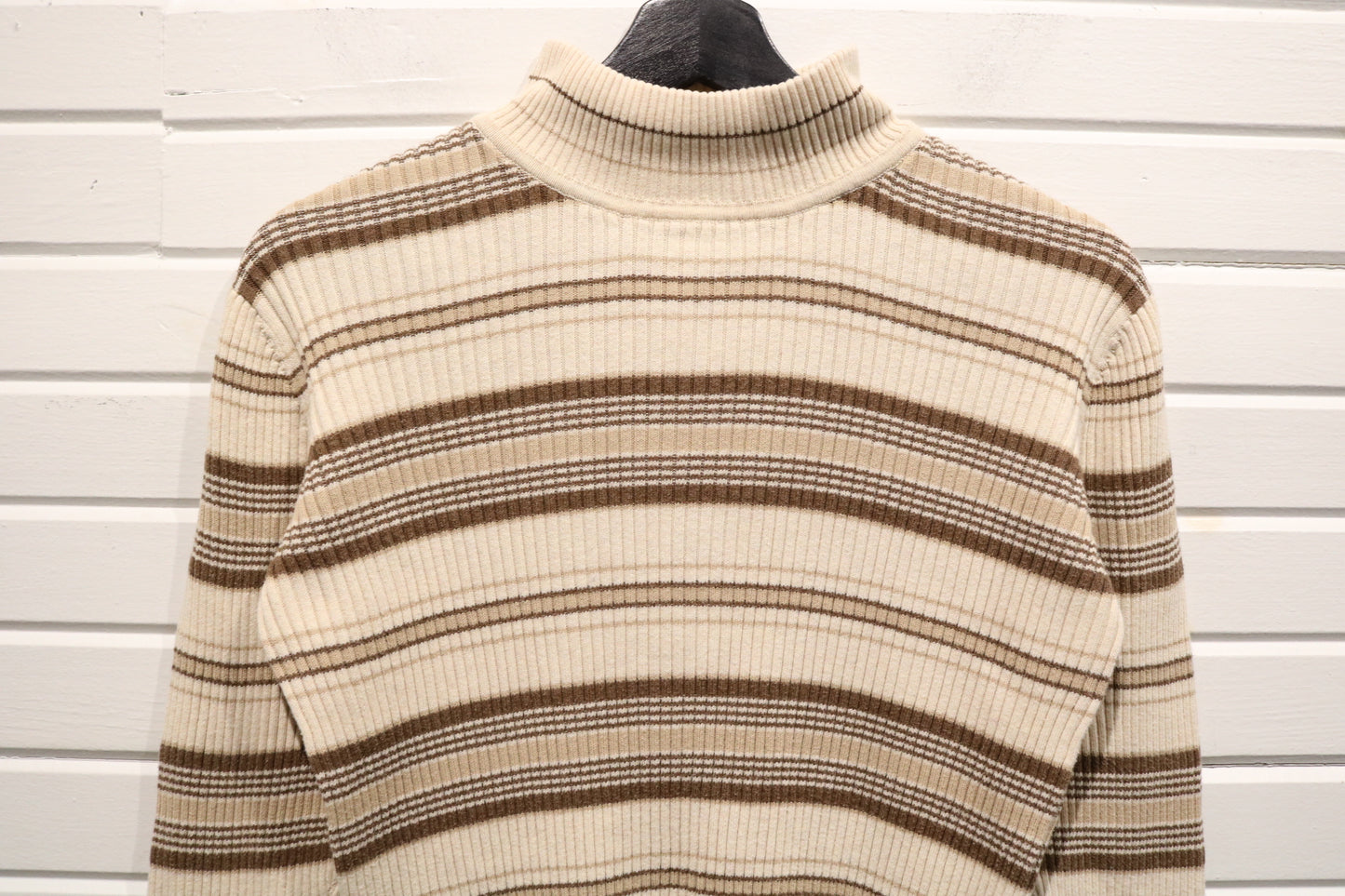 Croft-Barrow Ribbed Stripe Turtle-Neck Sweater | Vintage 90s Brown-Cream Knit Pullover | Classic Layering Sweater