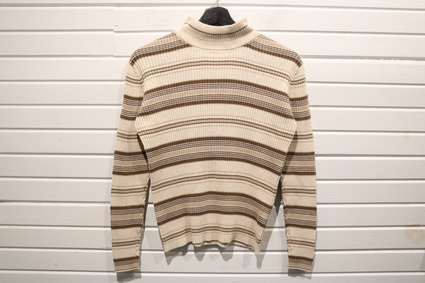 Croft-Barrow Ribbed Stripe Turtle-Neck Sweater | Vintage 90s Brown-Cream Knit Pullover | Classic Layering Sweater