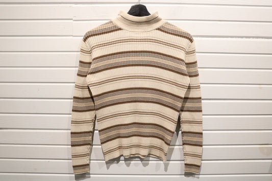 Croft-Barrow Ribbed Stripe Turtle-Neck Sweater | Vintage 90s Brown-Cream Knit Pullover | Classic Layering Sweater