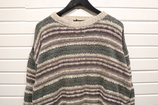 Steel-Sport Sweater | Vintage 90s Textured Pattern Knit Pullover | Classic Striped Knitwear