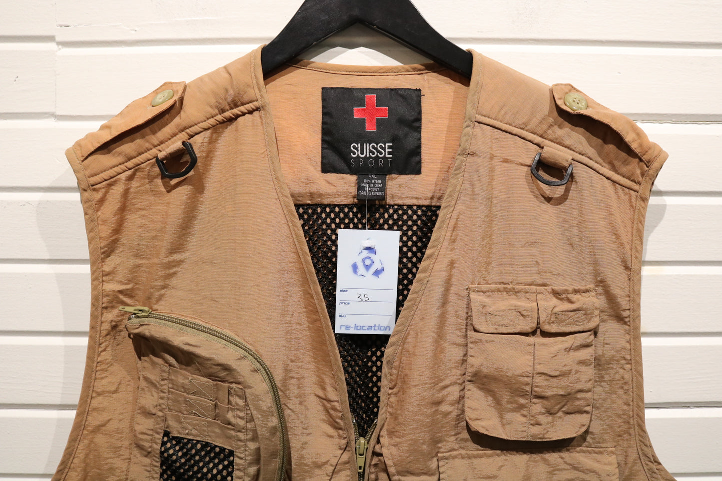 Suisse-Sport Fishing Vest | Vintage Outdoor Utility Mesh Pocket Gear Vest | Tan Adventure Outerwear