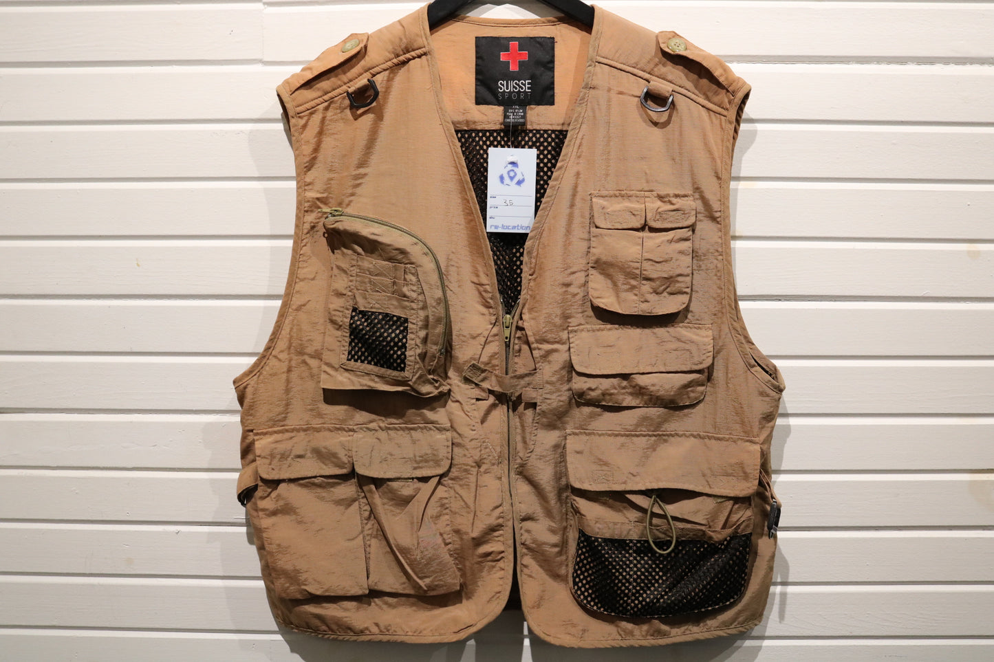 Suisse-Sport Fishing Vest | Vintage Outdoor Utility Mesh Pocket Gear Vest | Tan Adventure Outerwear
