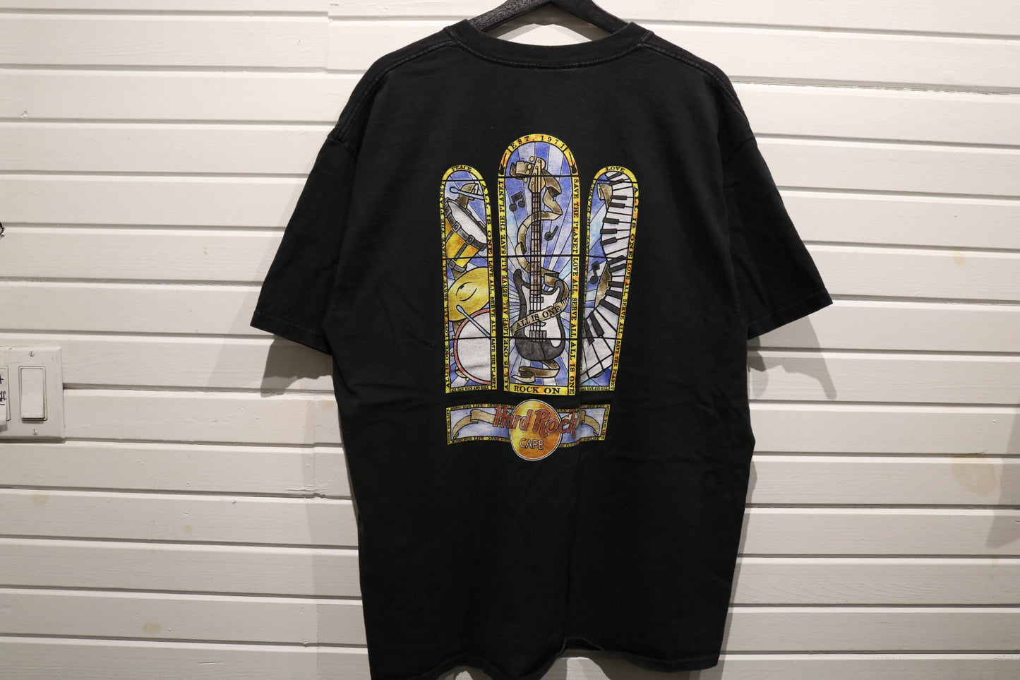 Hard-Rock Cafe Washington-DC T-Shirt | Vintage 90s Stained Glass Graphic Tee | Retro Music Tourist Souvenir
