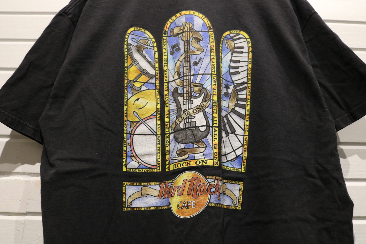 Hard-Rock Cafe Washington-DC T-Shirt | Vintage 90s Stained Glass Graphic Tee | Retro Music Tourist Souvenir